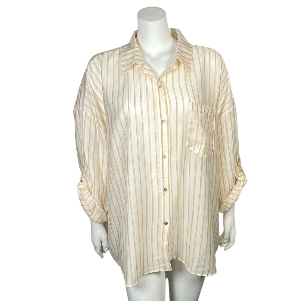 Passport Striped Button Front Shirt Womens Size 2x Roll Tab Sleeves Casual